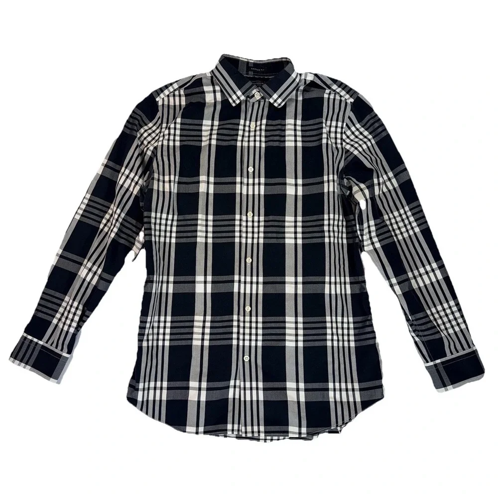 BANANA REPUBLIC Camden Fit Black White Plaid Button Down Shirt Large Non Iron